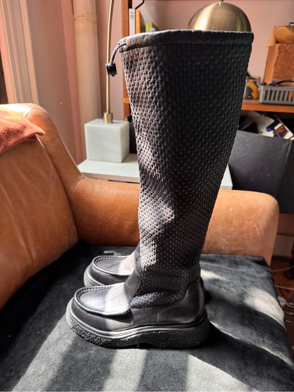 Rag & bone Black Leather Scout Boots over -the-Knee Scrunch adjustable Gum sole - Picture 6 of 17